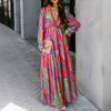 Elegant Loose Printing Long Dresses Spring Women V Neck Pullover Long Sleeves Dress High Waist Casual Ankle Length Dress