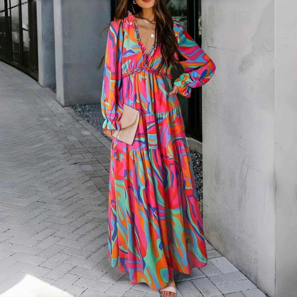 Elegant Loose Printing Long Dresses Spring Women V Neck Pullover Long Sleeves Dress High Waist Casual Ankle Length Dress
