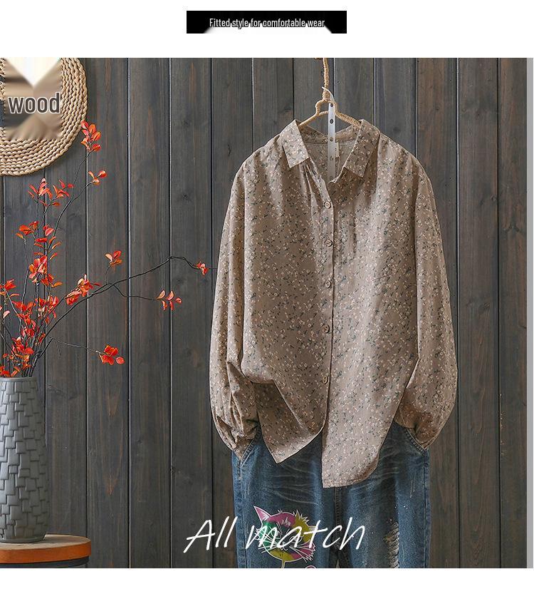 Women's Small Floral Cotton Linen Long Sleeve Shirt - Artistic Casual Spring/Autumn Outerwear