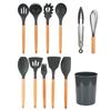 12-teiliges Küchenhelfer Set aus Silikon mit Holzgriff & Aufbewahrungseimer (BPA-Frei & Hitzebeständig)