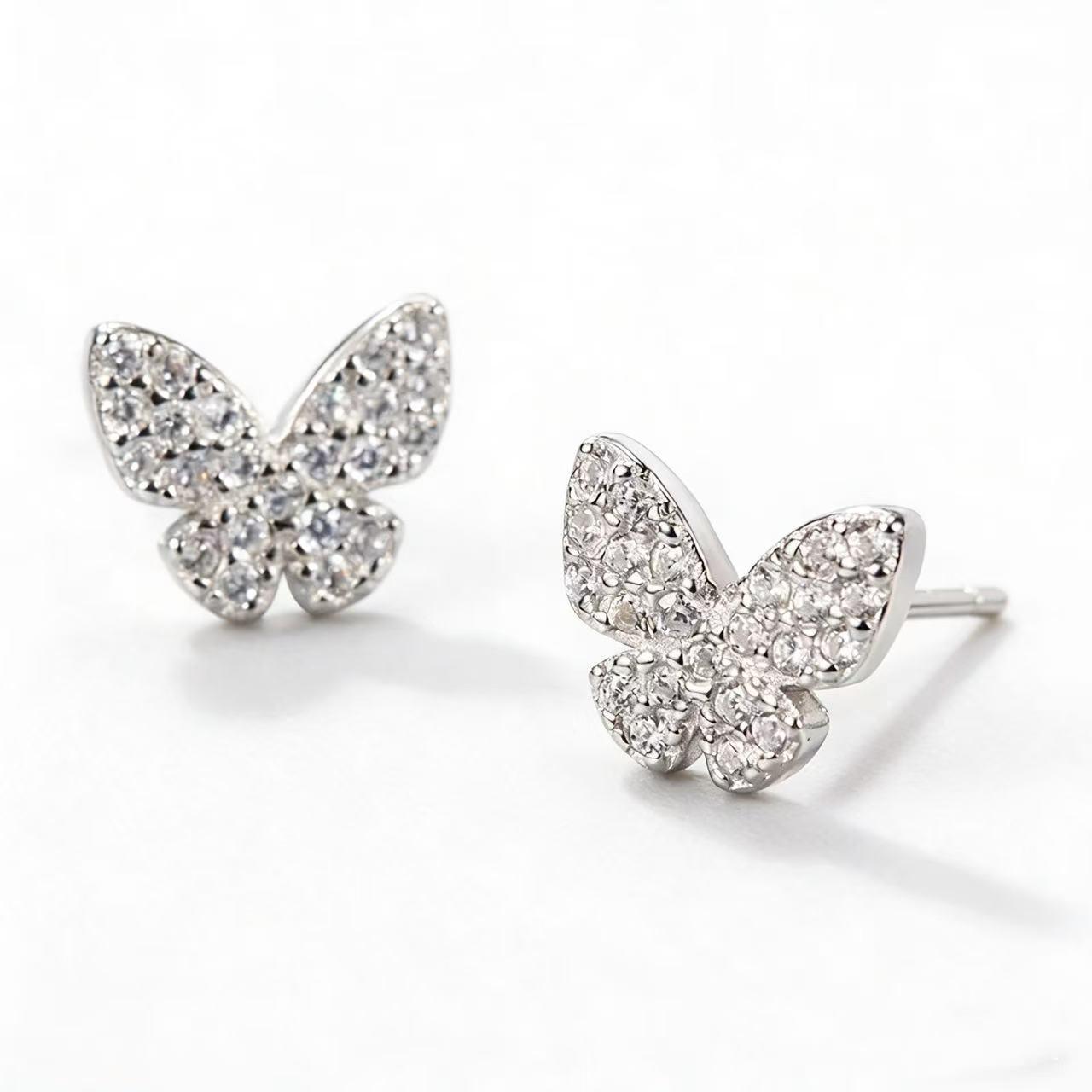 S925 Sterling Silver Butterfly Stud Earrings with Zirconia, Korean Style