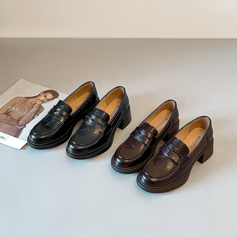 Versatile British Style Cowhide Mid-Heel Loafers - Retro Round Toe Slip-On Women's Shoes with 5cm Chunky Heel