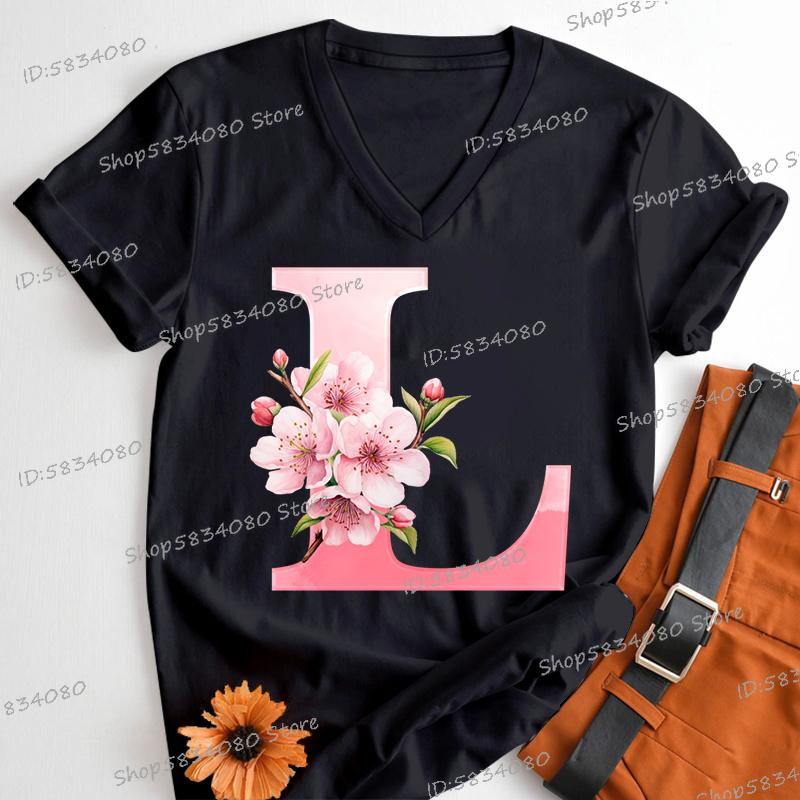 Pink Sakura Alphabet Shirts Gift for Women Letter S Floral Monogram Cartoon Tshirt Cherry Blossom Letters A B C D Casual Tops