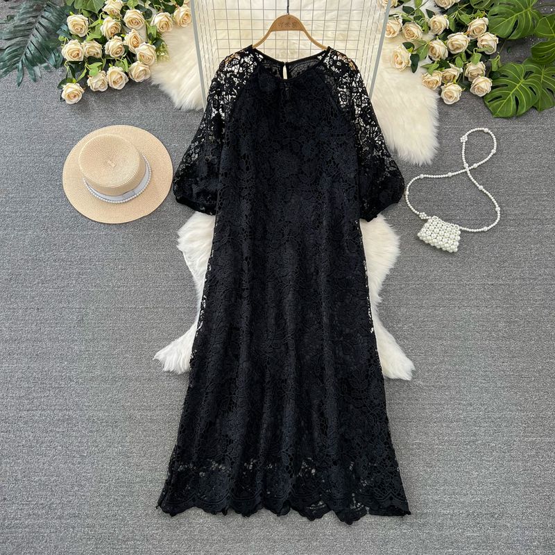

Ladies Long Sleeves A- line Water Soluble Hollow Dress Lace Black One size