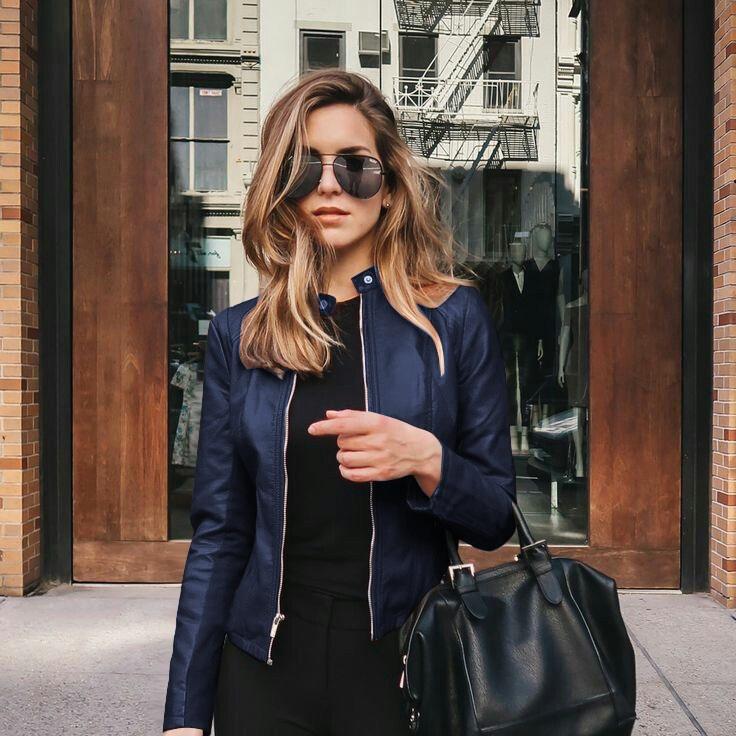 

Женская велосипедная куртка из искусственной кожи, верхняя одежда на молнии, осенне-зимняя женская модная короткая тонкая женская куртка XL темно-синий