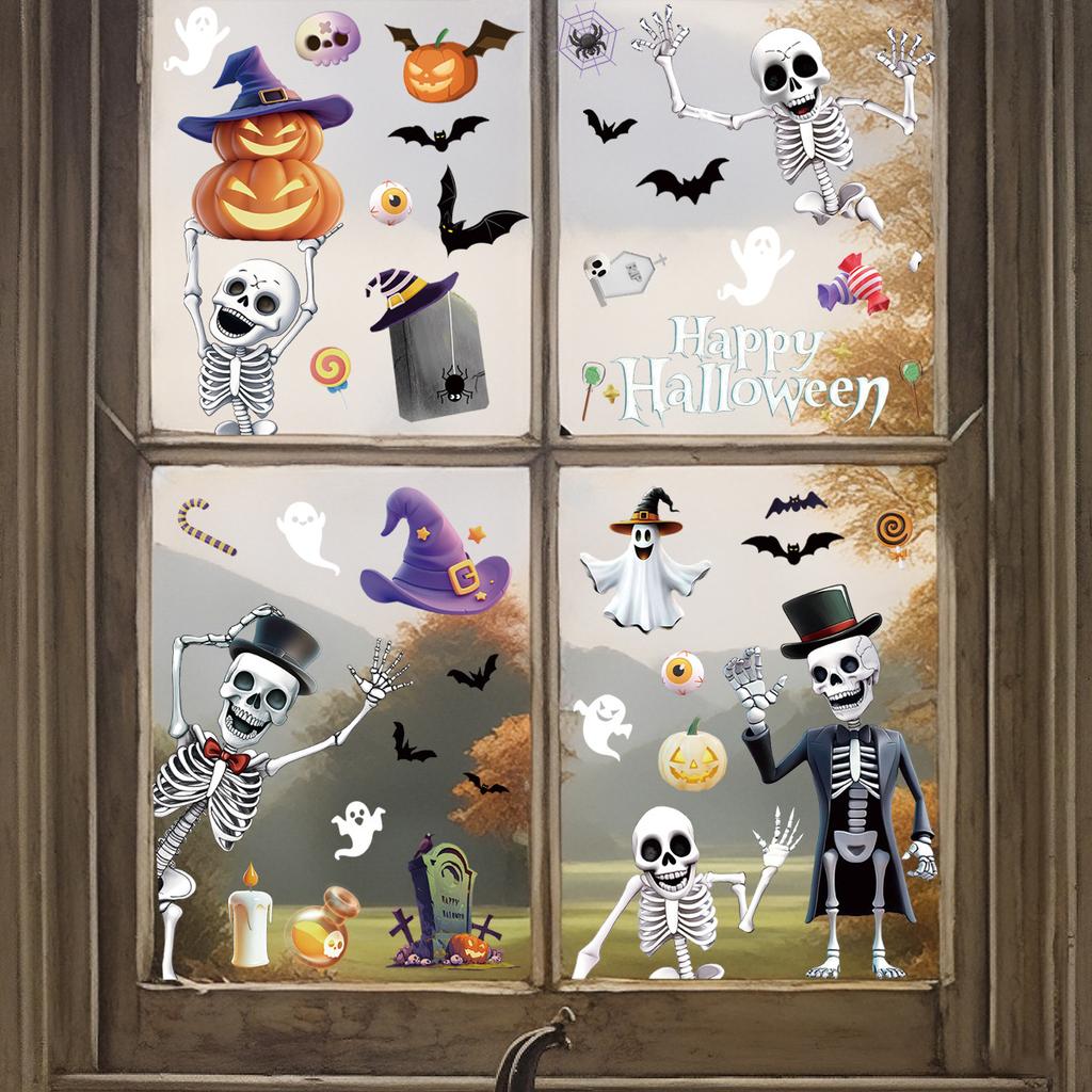 Halloweenská statická okenní dekorace 3D Kostlivec Netopýr Dýně Samolepky na okna Party potřeby