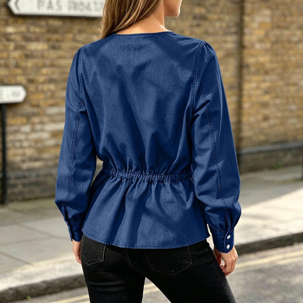Giacca di Jeans da Donna a Vestibilità Larga con Maniche Lunghe, Cintura in Vita e Chiusura a Bottoni Frontale