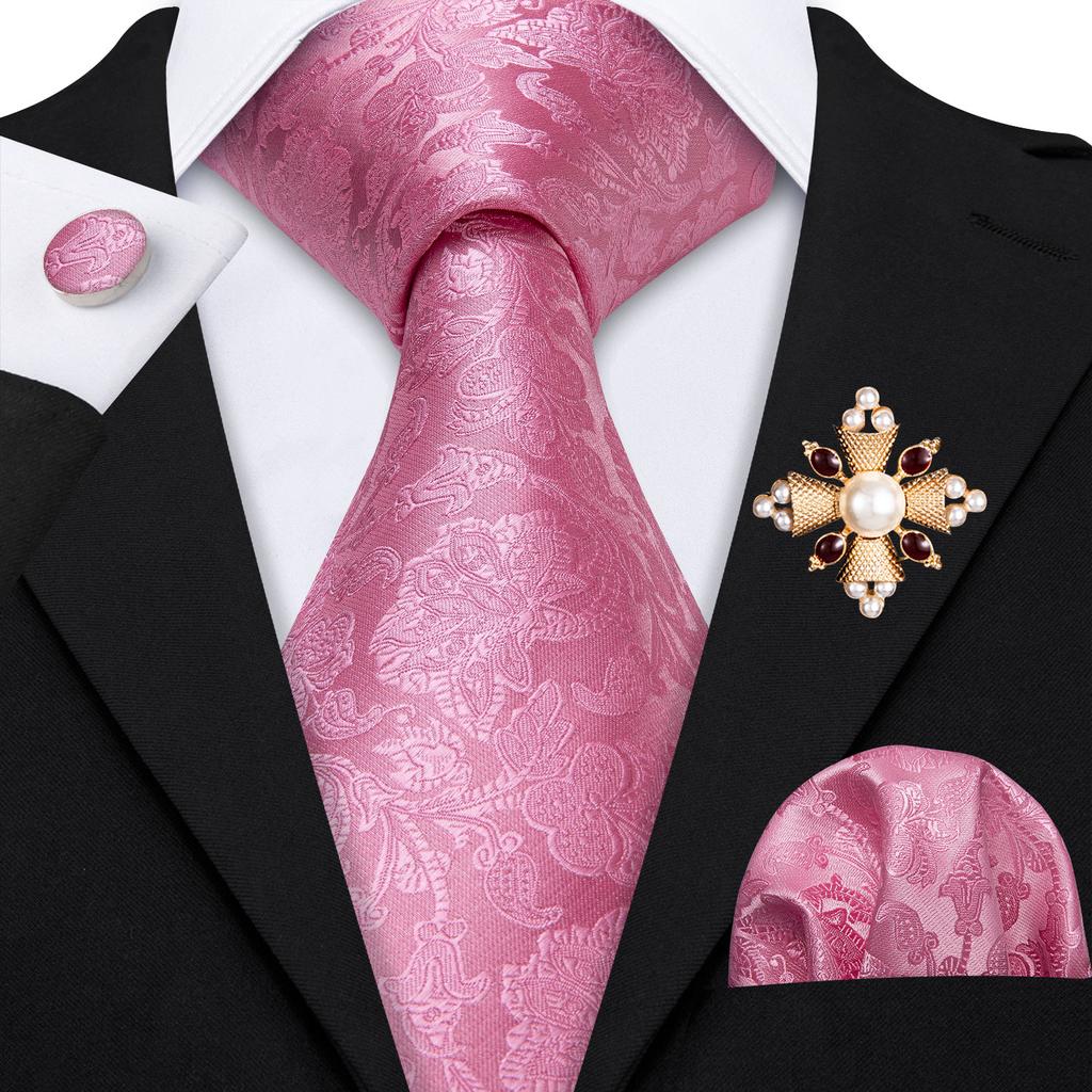 Pearl Brooch with Silk Tie for Men Vintage Floral Teal Necktie Hanky Cufflinks Gift Formal Set