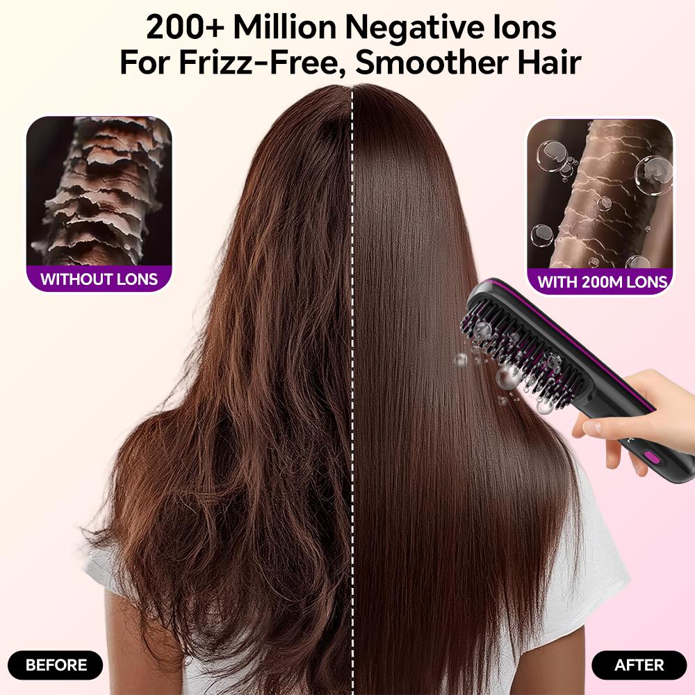 Rechargeable Hair Straightener Brush, Ionic Straightening Comb with 20s Fast Heating, 3 Temp Settings & Auto-Off for Home Salon