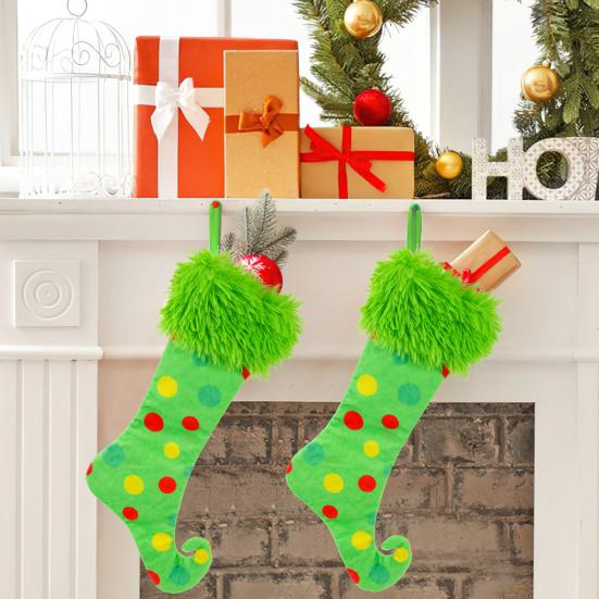 Green Christmas Stockings Faux Fur Xmas Hanging Treat Bag Candy Pouch Holder Festive Atmosphere Decoration
