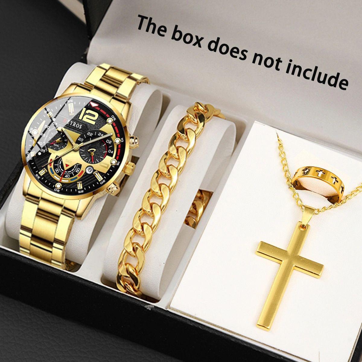 Watch 4-Piece Set Watch Men S Quartz Watch Steel Belt Watch Fashion Men S Watch