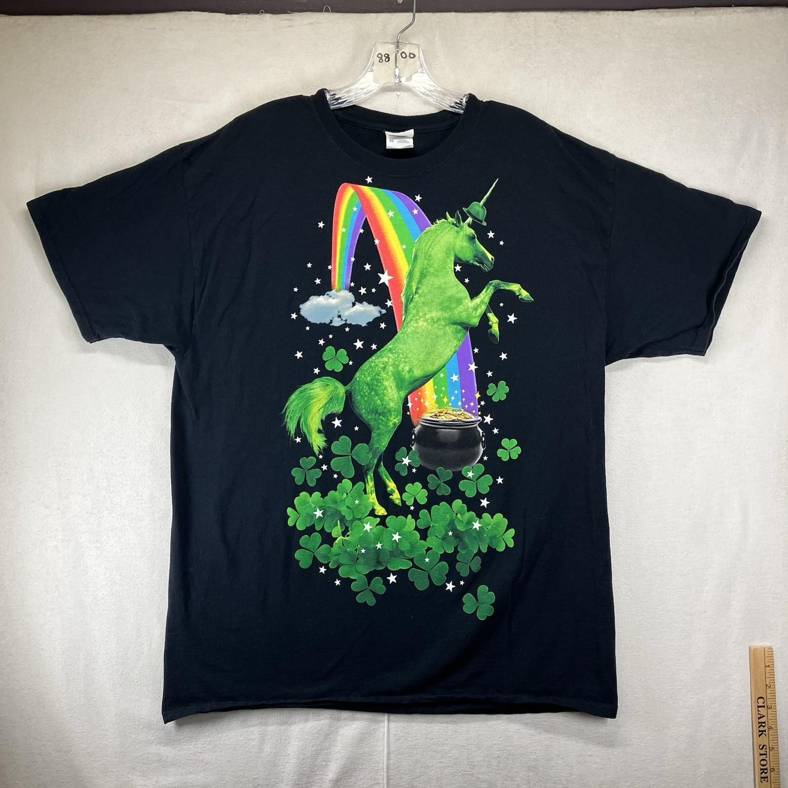 Unicorn Rainbow Black T-Shirt XL Colorful Lucky Irish Pot of Gold Shamrocks XL