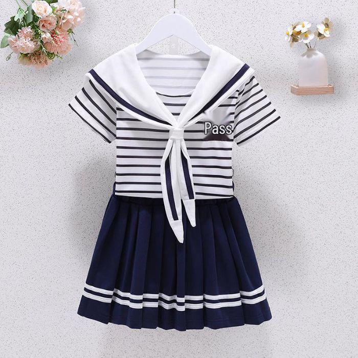 

Девочки Преппи Корейский Стиль Темно-синий Воротник Полосатый Топ и Плиссированная Юбка Комплект 150 cm