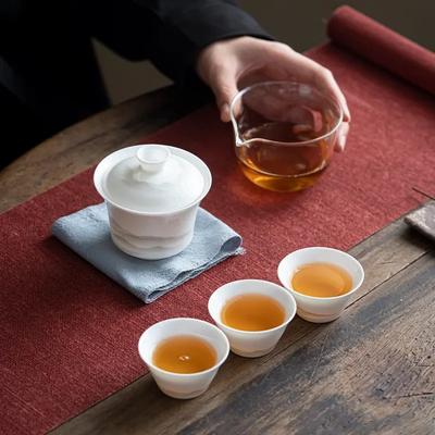 Porslinstea-koppar och tekanna-set, Fårfett Jade Porslinsservis, , Te-ceremoni, Bärbar läderväska, Kung Fu Rese-te-set