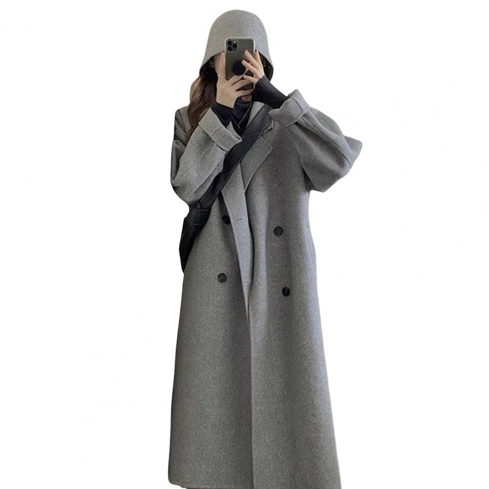 Women Winter Overcoat Double-breasted Turn-down Collar Long Sleeves Buttons Loose Cardigan Mid Length Outdoor Woolen Coat