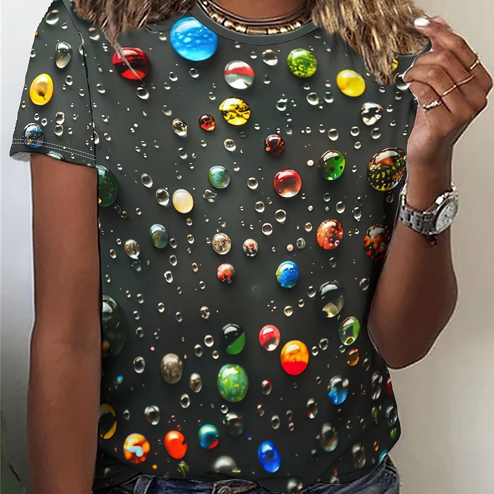 

Трехмерный принт с каплями воды. Летние новые женские футболки. Модный тренд. Короткие рукава. Женская одежда. Топы. 8XL