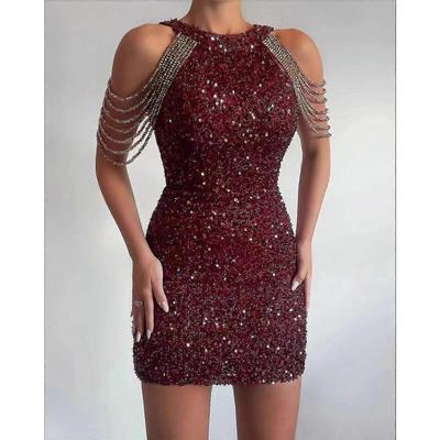 Robe à Sequins Dorés Décolleté Bardot Courte Bodycon de Soirée Sexy pour Femmes