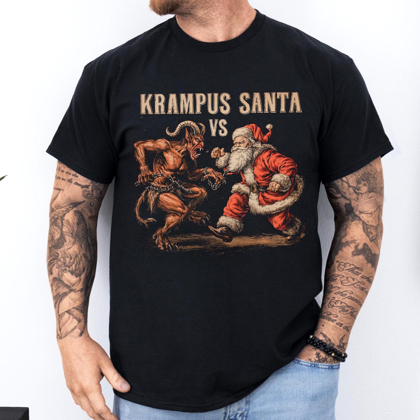 Gothic Krampus vs Santa shirt blending dark folklore and funny pagan Yule vibes | Perfect dark Christmas T-shirt for gothic holiday style 3XL