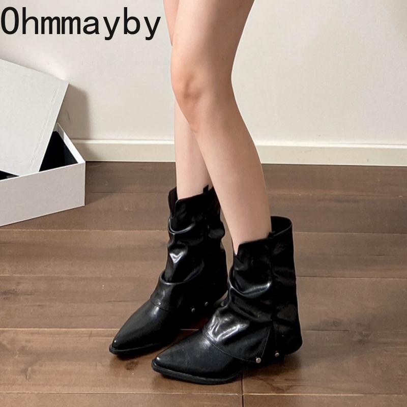 Fashion Vintage Women Western Cowboy Boots Fashion Pointed Toe Shoes Ladies Thick Heel Short Botas Autumn Winter Zapatos De Mujer
