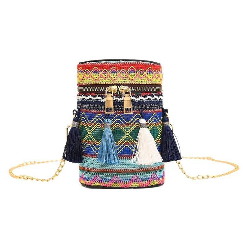 Fashion Bohemian Ethnic Style Women's Straw Woven Shoulder Messenger Bag Retro Casual Tassel Bucket Bag