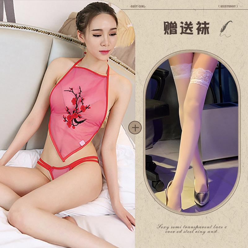 Vintage classic sex belly pocket female sexy perspective underwear set seductive court embroidery flower perspective red pocket adult