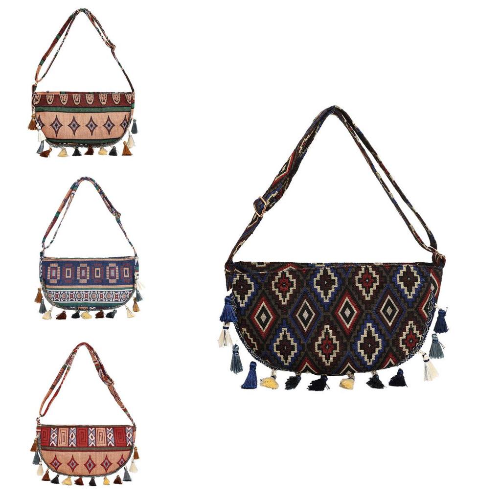 Vintage Ethnic Style Tassel Shoulder Bag With Water Dumpling Shape For Daily Use