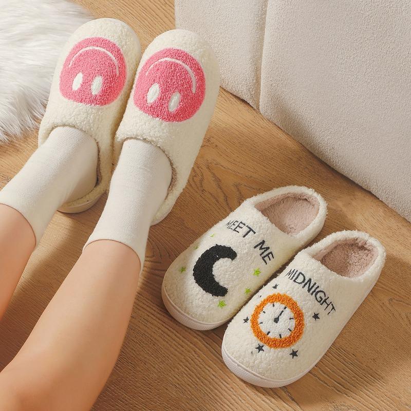 Smiley face winter moon clock cotton slippers women's indoor home rainbow plush warm slippers