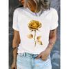 European Size Casual Short Sleeve T-Shirt with Golden Rose and Green Leaves Design | Round Neck Top, Breathable Summer Tee, Ladies T Shirts