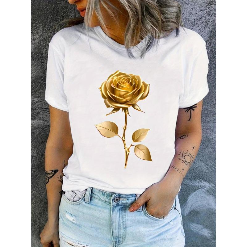 

European Size Casual Short Sleeve T-Shirt with Golden Rose and Green Leaves Design | Round Neck Top, Breathable Summer Tee, Ladies T Shirts 4XL білий
