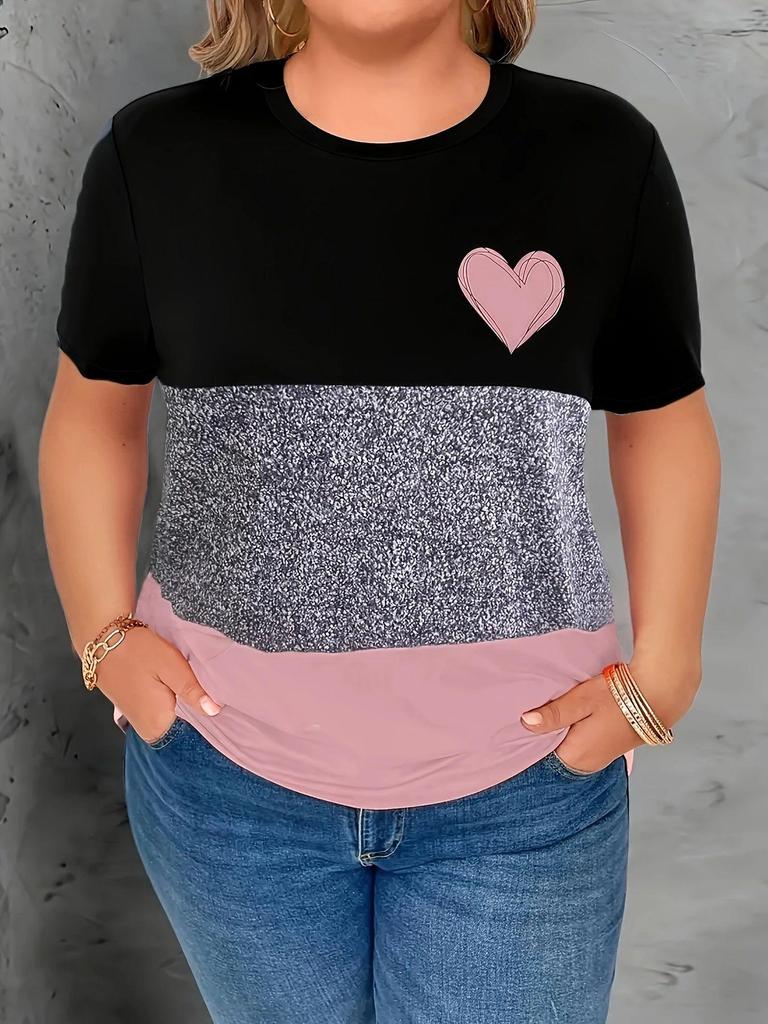 Women's Casual Round-neck Loose Heart-shaped Printed Color-blocking Large-sized Short-sleeved Top
