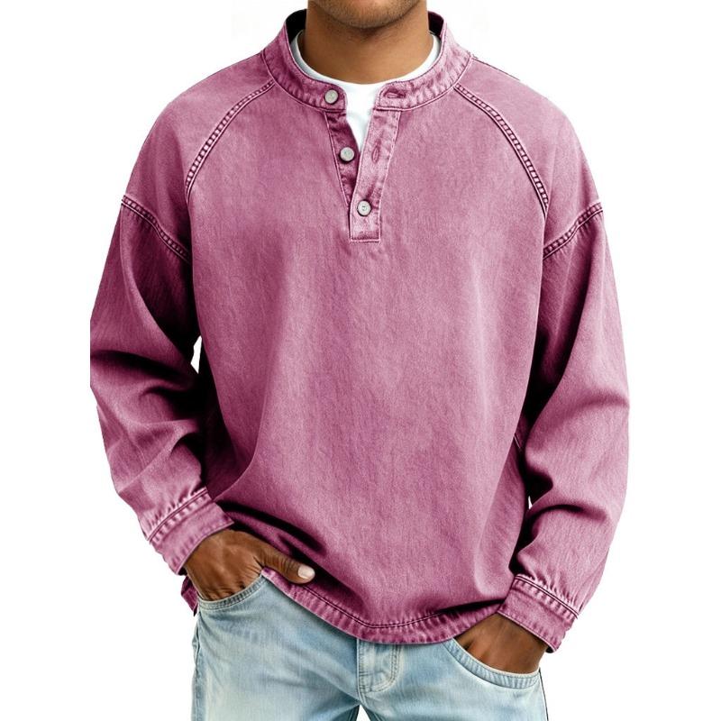 Men S Vintage Washed Stand Collar Long Sleeve Loose Solid Color Sweatshirt