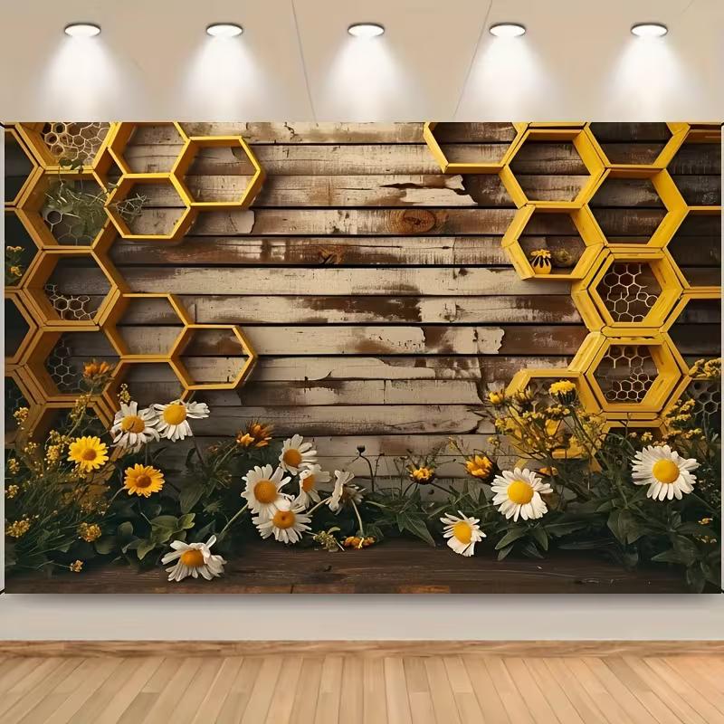 2D Wood Honeycomb Backdrop Bee & Wildflower Rustic Party and Festival Decoration