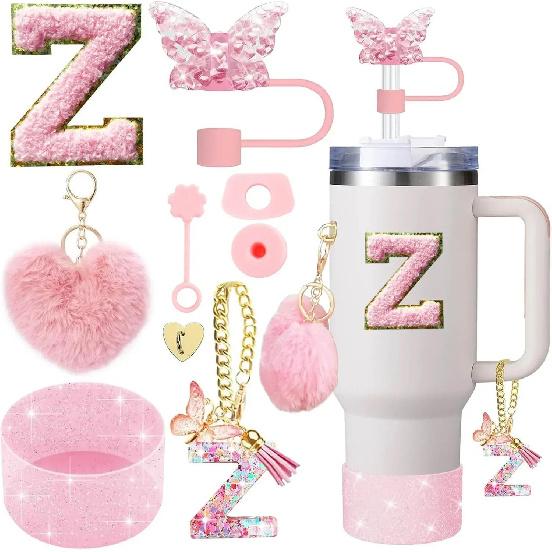 9PCS Accessory Set for Stanley Cup 30oz 40oz Butterfly Straw Cover Cap Silicone Boot Charm Initials Sticker Spill Proof Stopper Cup Holders 5