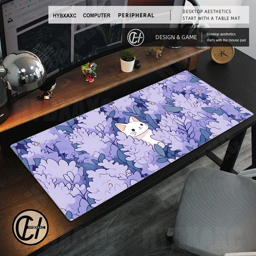 Hybxaxc Purple Flowers Cartoon Mouse Pad White Cat Gaming Mousepad Computer Gamer Accessories Keyboard Rug Kawaii Anime Desk Mat