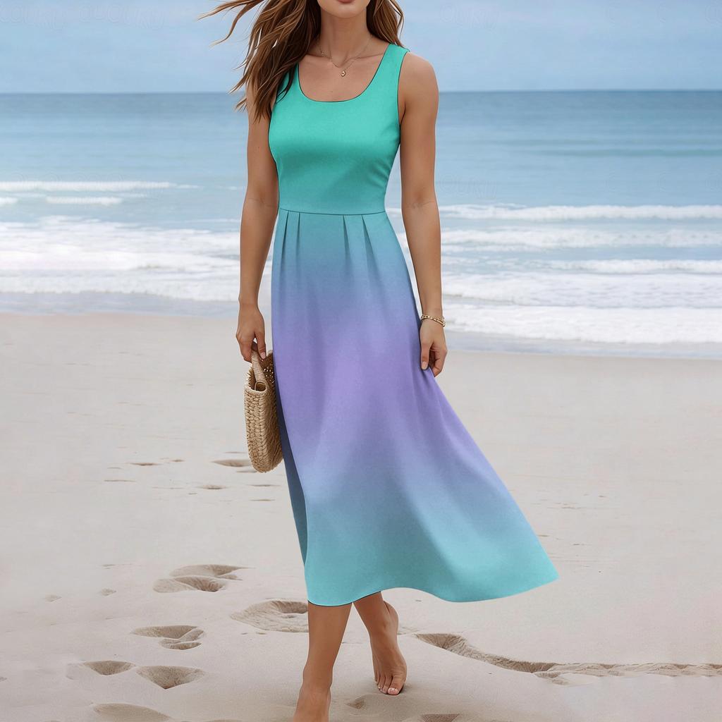 Ladies' gradient printed summer casual and fashionable sleeveless long dress