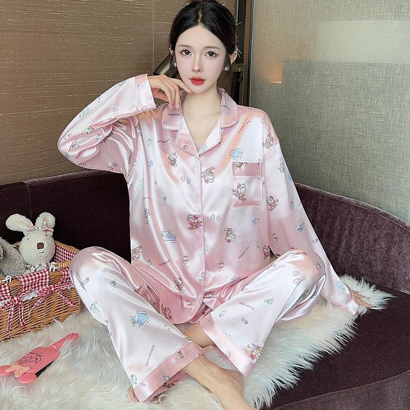 

Wind Striped Pajamas Girls Long Sleeves Casual Cartoon Rabbit Jacquard Spring And Autumn Satin Loungewear M