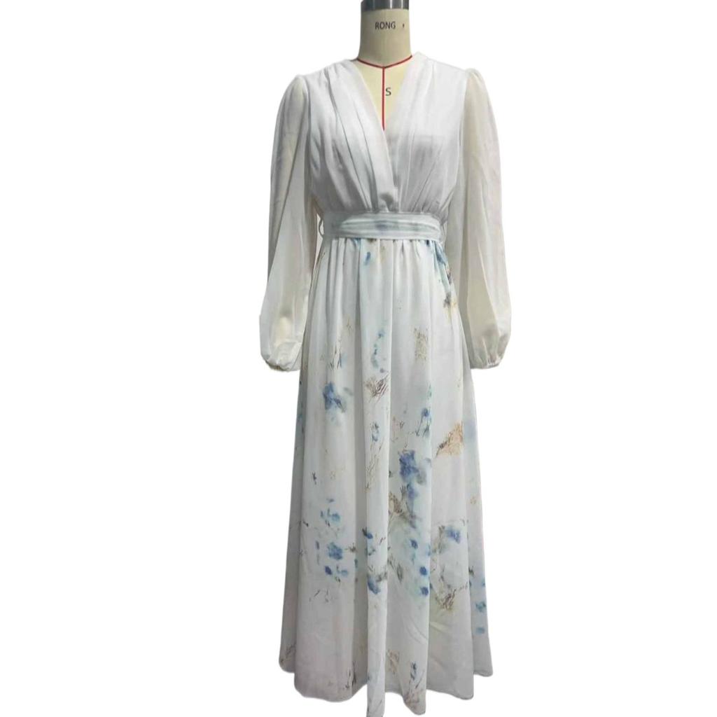 LYRIA Elegant Long Sleeve Maxi Dress Women Summer Fashion Slim Floral Print V-neck White Long Dresses Casual