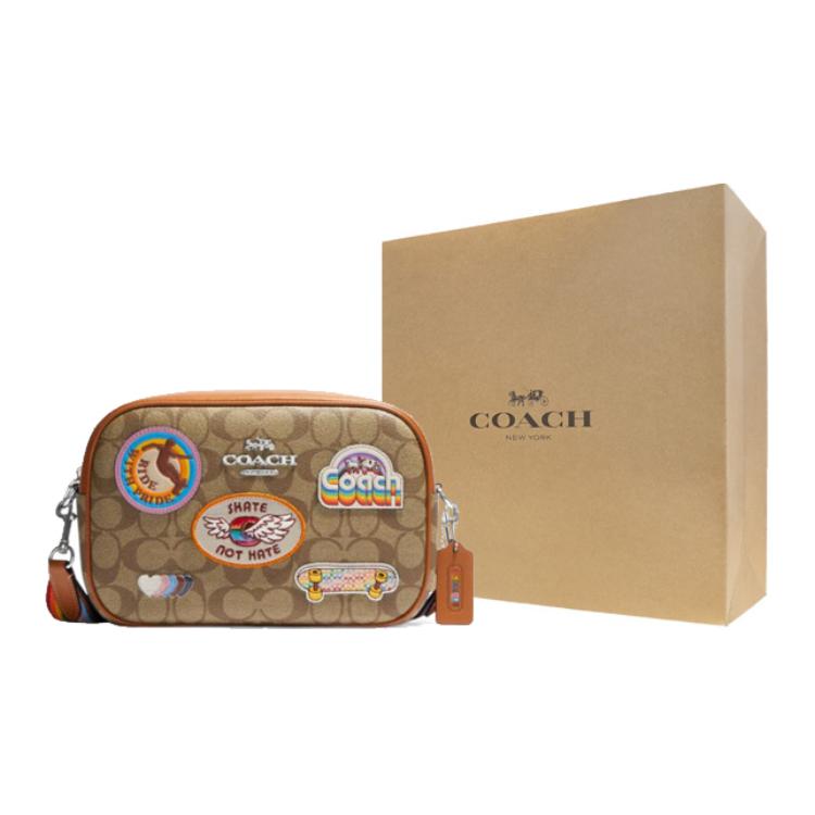 Coach Jamie 24 Silver Letter Logo Fashion Patch Classic Jacquard Leather Camera Bag Women Shoulder Bag Brown CJ605-SVOT8