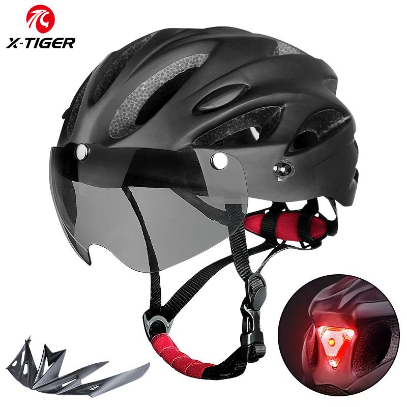 

X-TIGER Magnetic Goggles Bicycle Helmet with LED Rear Light Ultralight Cycling Helmet Adult MTB Bike Helmet Fit 58-62cm чорний