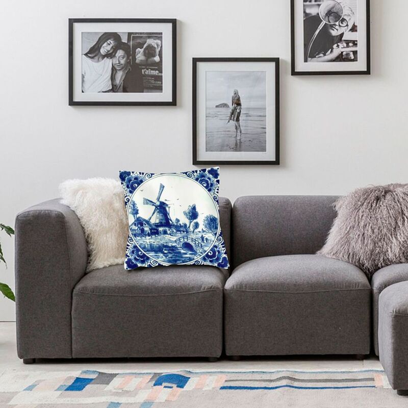 Dutch Blue Delft Cushion Cover 40X40Cm Vintage Windmill And Bridge Art Pillow Case For Sofa Square Pillowcase Home Decorative