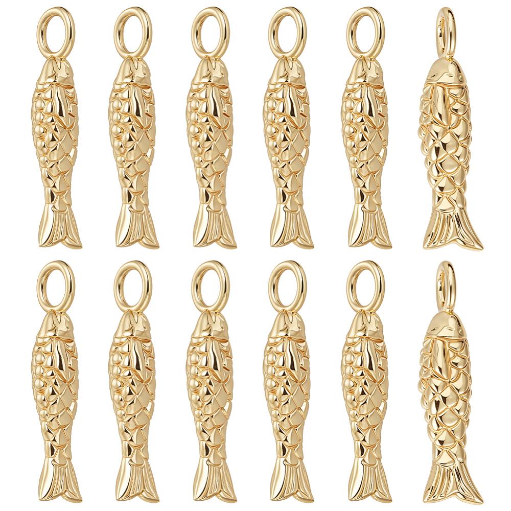 12Pcs Brass Pendants, Fish, Real 18K Gold Plated, 21x5.5x3mm, Hole: 2.5mm