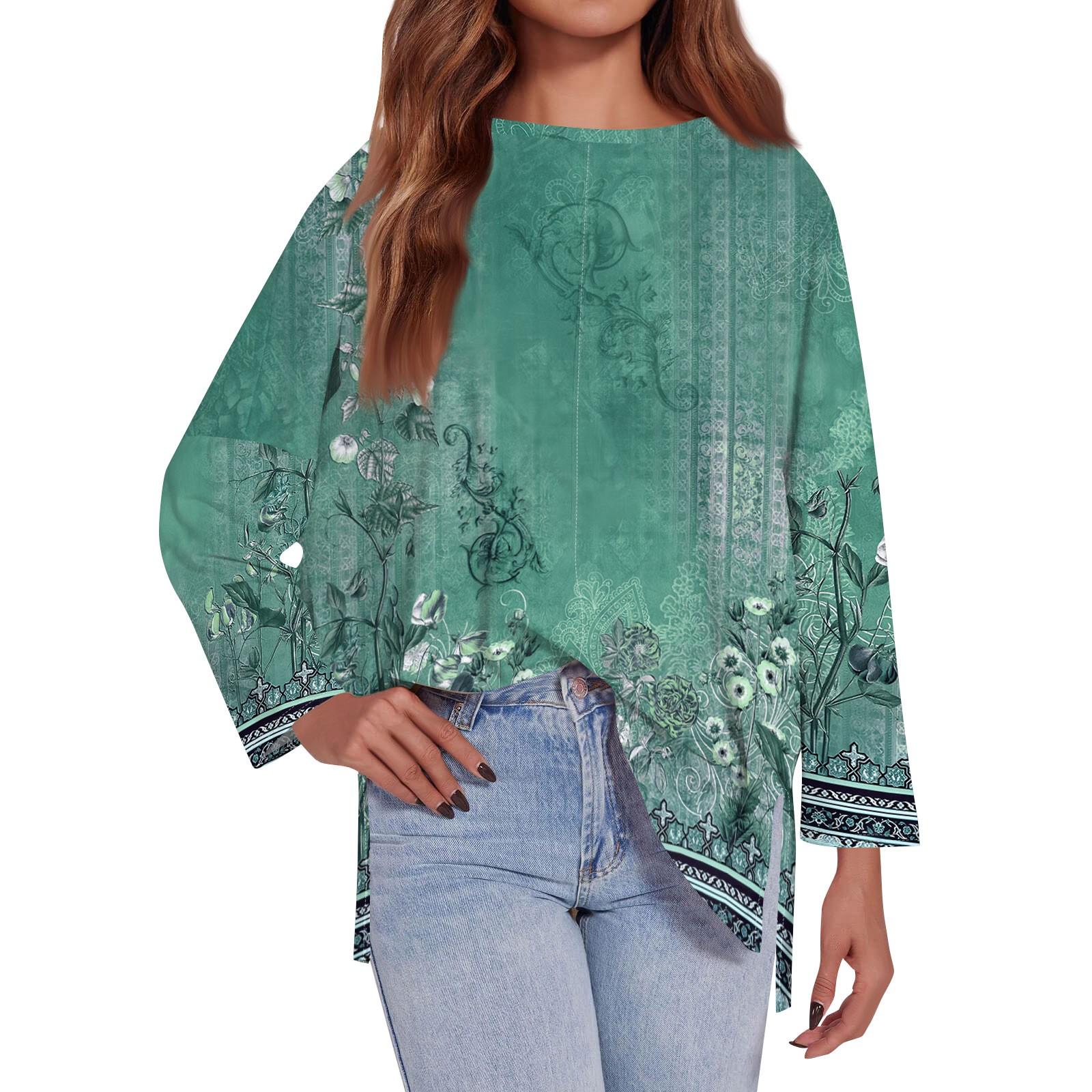 

Женская модная свободная футболка большого размера с круглым вырезом, длинным рукавом, разрезом сбоку, повседневным принтом в стиле ретро с цветочным принтом XL