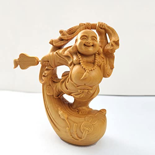 

High-quality natural boxwood Hotei wood carving, auspicious Buddhist statue, 10cm high x 6cm wide x 3.5cm deep, perfect for bringing good fortune and