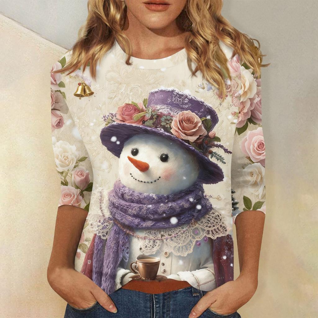 3/4 Sleeve Shirts For Women Print Christmas Tees Blouses Casual Plus Size Basic Tops Pullover
