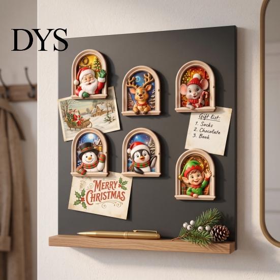 Holiday Party Home Decor Arch Wooden Christmas Fridge Magnet Set, Window Frame Refrigerator Decorative Magnets Magnetic for Metal Surface, Festive