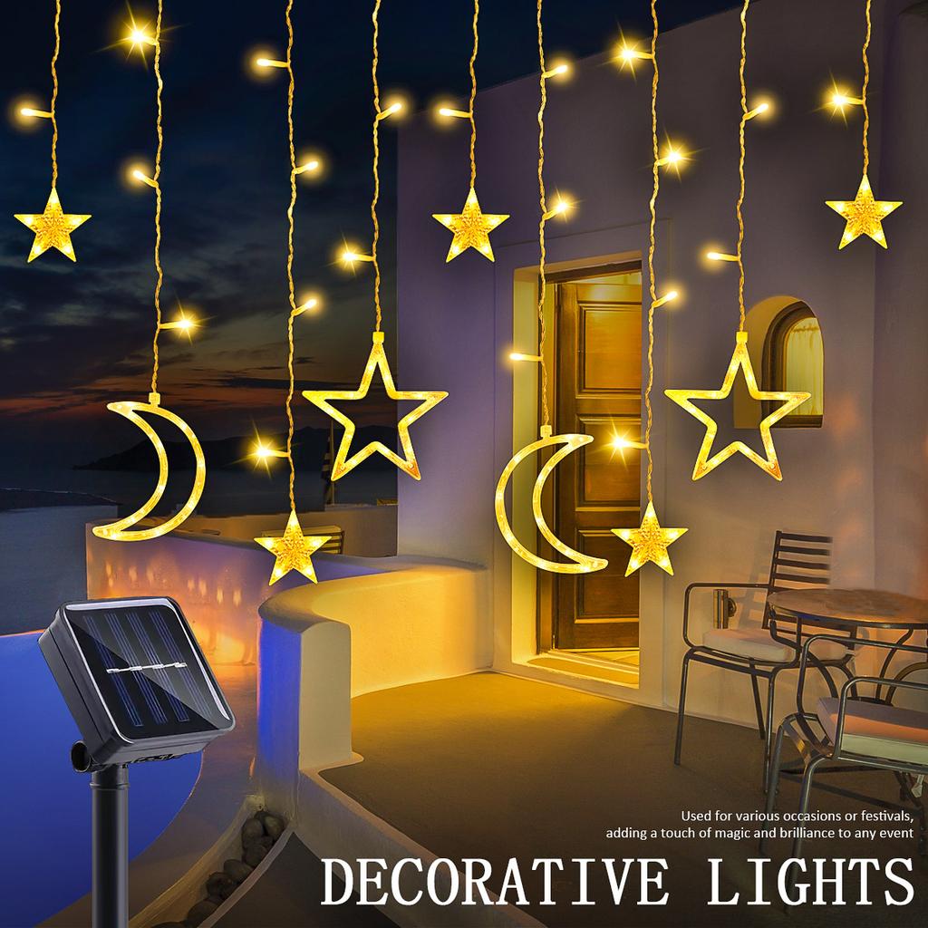 Solar Icicle Lights LED Outdoor Waterproof Moons Stars Curtain Window String with 8 Modes Warm White Hanging Decor for Patio