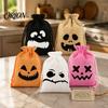 Linen Gift Bags for Kids 5Pcs Halloween Candy with Drawstring, Funny Ghost Pumpkin Print Pouches Party Favors And Trick or Treat Sacks, Decorative