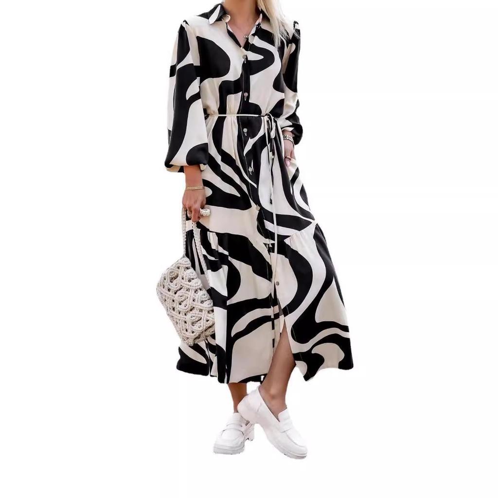 2025 European & American Spring/Autumn Fashion Print Long Shirt Dress with Tie-Up and Pockets