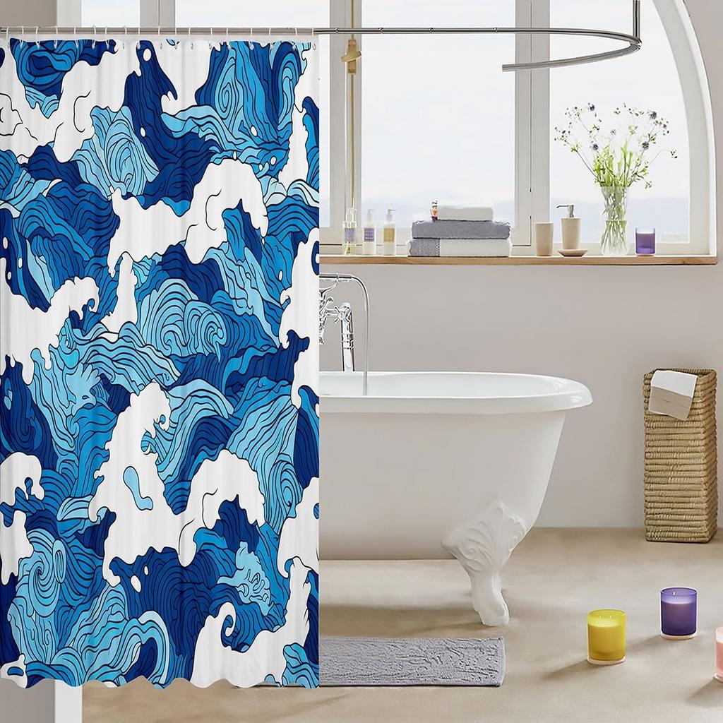 Ocean Wave Shower Curtain Japanese Hokusai Bathroom Shower Curtain Sets for Young Vintage Abstract Sea Waves Fabric Shower
