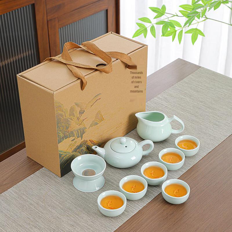 Shangqi Celadon Tea Set with Small Fish Design